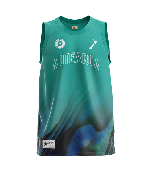 Teal basketball singlet with Paua design, featuring New Zealand map and Triple Threat logo and 'Aotearoa' in white text