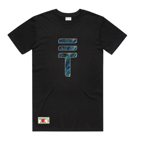 Black t-shirt with paua triple threat logo in the center