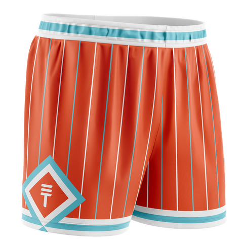  Orange and teal pinstripe basketball shorts with an elastic waistband and the Triple Threat logo in a diamond pattern