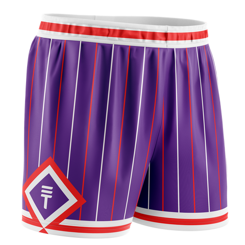 purple basketball shorts with white and red strip on waistband and hem and vertical pinstripes featuring a red and whiter diamond around the Triple Threat logo 