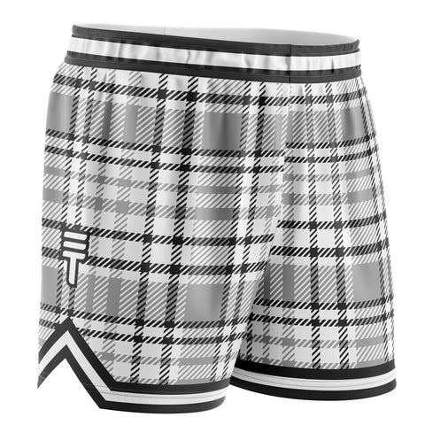 Black, grey and white plaid basketball shorts with white and black trim around the waist and leg ho9les featuring a Triple Threat logo