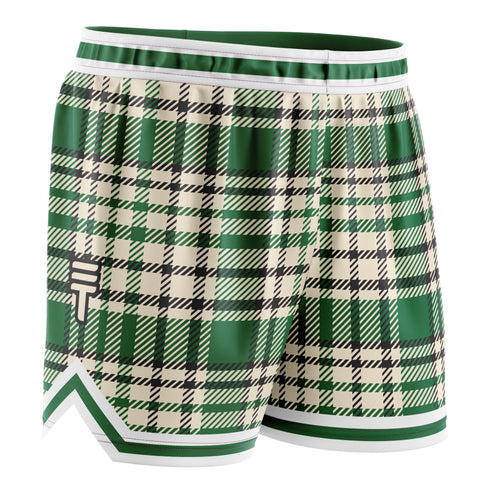 Green and cream plaid basketball shorts with a plaid pattern, elastic waistband, side pockets, and V-shaped hem detail featuring the Triple Threat logo.