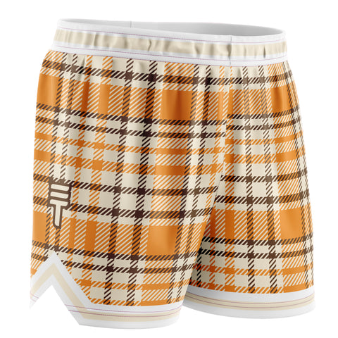 orange, cream and brown basketball shorts with a plaid pattern, elastic waistband, and Triple Threat logo