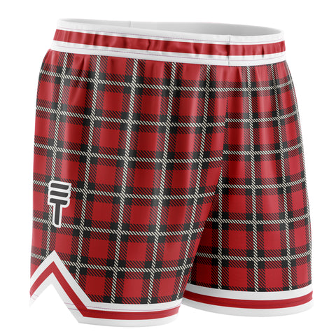 Red plaid shorts with black and white checkered pattern, featuring white trim at the waist and hem, and a 'Triple Threat' logo on the leg.