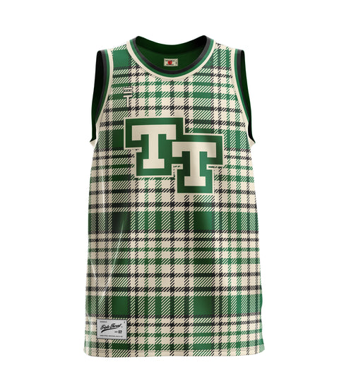 Green and cream plaid basketball singlet with large "TT" text, featuring triple Threat logo