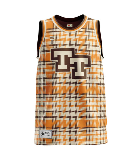 Orange plaid basketball singlet with TT logo and Triple Threat branding