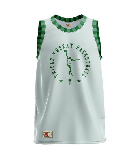 Kids basketball singlet with a mint primary colour with checked green collar and armholes, featuring "Triple Threat Basketball" text circled around a basketball player and a Triple Threat logo 