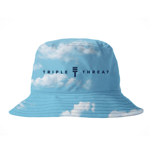 Sky design bucket hat with clouds with black text 'Triple Threat' and the Triple Threat logo