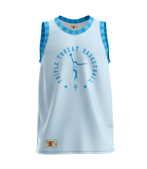 Baby blue basketball singlet with checkered trim and Triple Threat logo, featuring a blue silhouette of a basketball player on the front