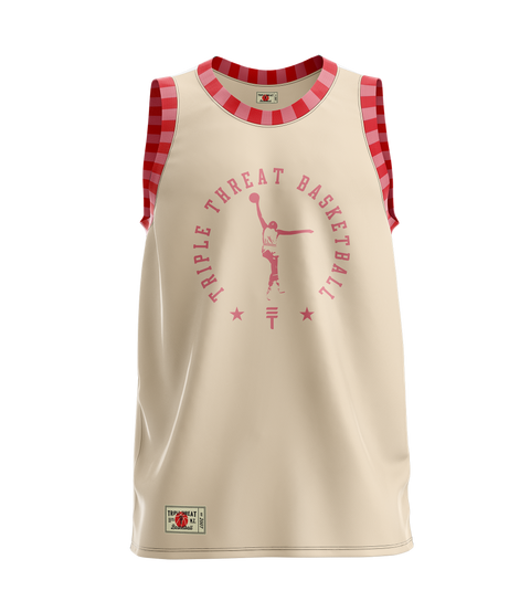 Cream colored basketball singlet with red checkered accents, featuring a Triple Threat basketball logo and design elements