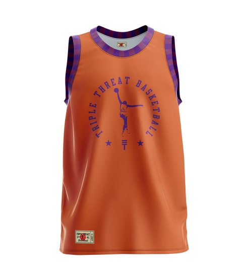 The player singlet in orange and purple with a basketball player