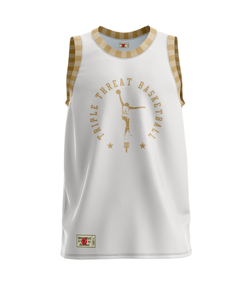 White basketball singlet with gold checkered trim and Triple Threat logo, featuring a gold silhouette of a basketball player on the front