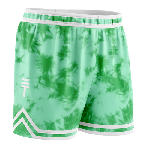 Mint and green tie-dye basketball shorts with an elastic waistband, white trim, and the Triple Threat logo