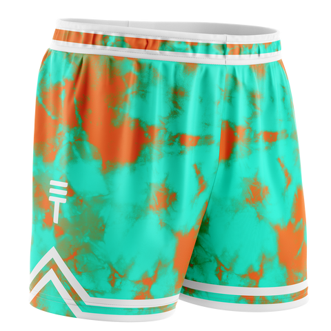 teal and orange tie-dye basketball shorts with an elastic waistband and white trim, featuring the Triple Threat logo