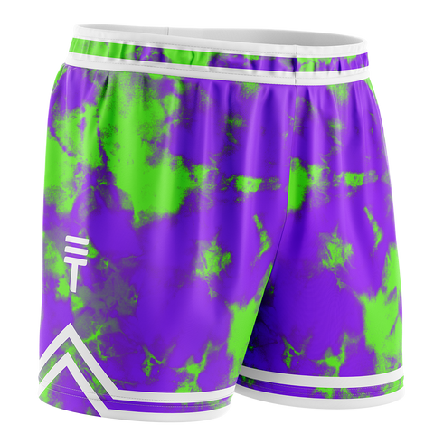 Adult purple and green tie dye basketball shorts with white accents, featuring the Triple Threat logo in a diamond pattern