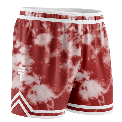 Maroon and white tie-dye basketball shorts featuring the Triple Threat logo and an elastic waistband