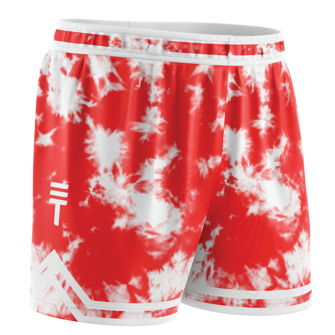 White and red tie-dye basketball shorts with an elastic waistband and the Triple Threat logo