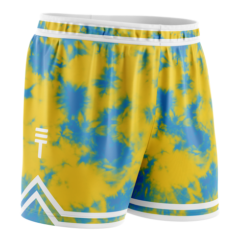 Yellow and blue tie-dye basketball shorts with white elastic waistband, featuring the Triple Threat logo