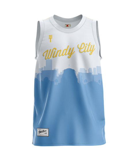 Windy City singlet in white and blue, featuring a skyline design and the Triple Threat logo