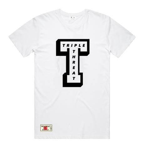 White T-shirt with a big block letter 'T' with the text 'Triple Threat' inside featuring a Triple Threat brand patch on the bottom left corner