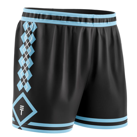 Kids black basketball shorts with light blue trim, featuring a diamond pattern, elastic waistband and the Triple Threat logo