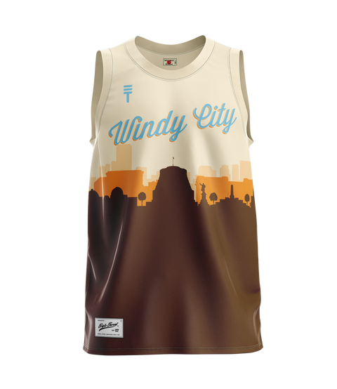 Basketball singlet featuring Windy City text with brown and yellow color scheme, Triple Threat logo and Wellington skyline